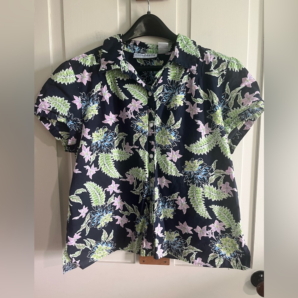 Sag Harbor Navy Floral Button-Up Blouse with Green & Pink Details